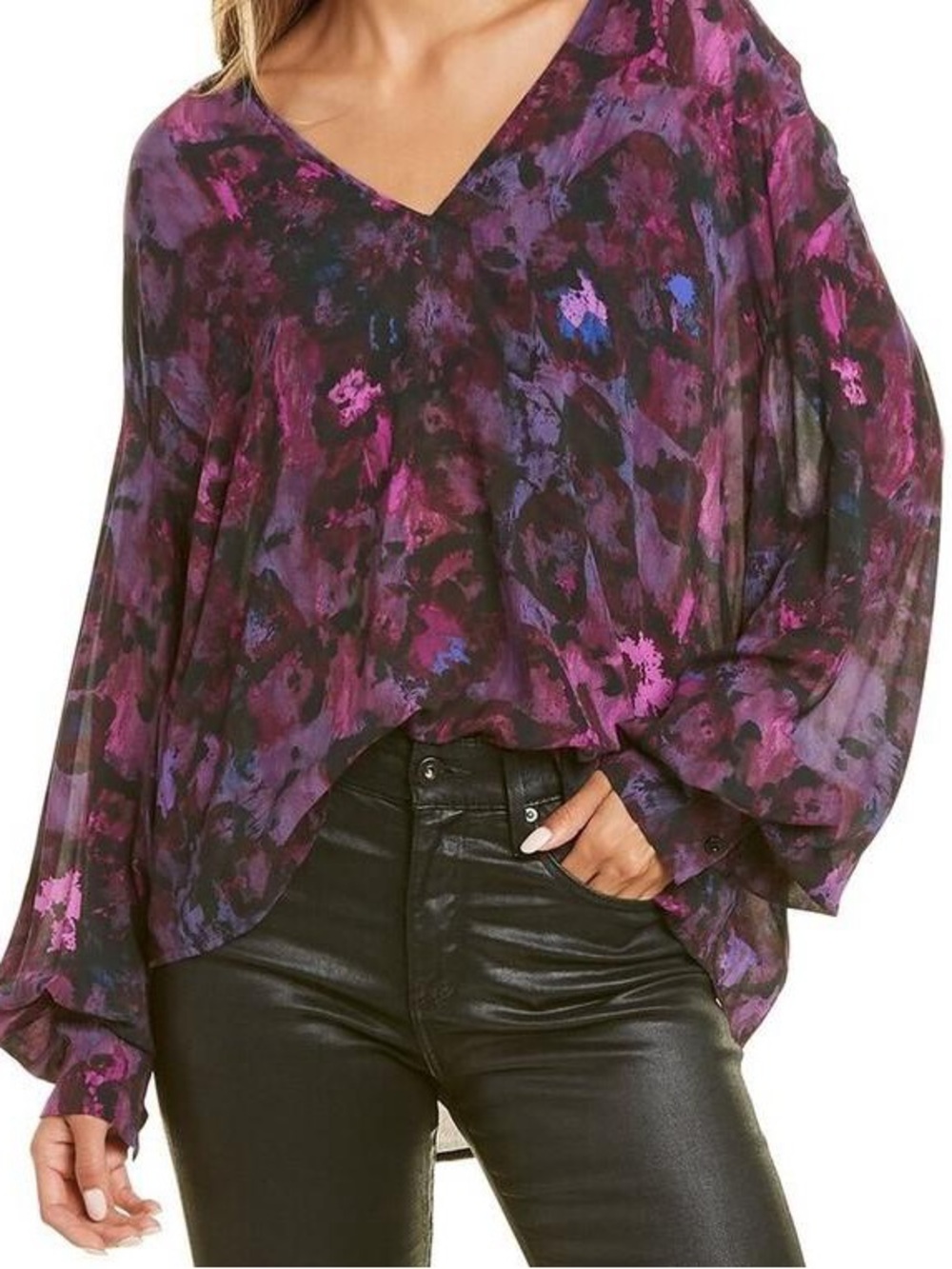 IRO. Hush Purple Printed Balloon Sleeve V-Neck Blouse. Size 20W.